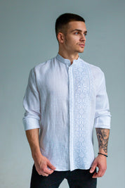 Embroidered White Men’s Shirt with Stand