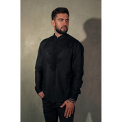 Embroidered Black Men’s Shirt with Stand Collar