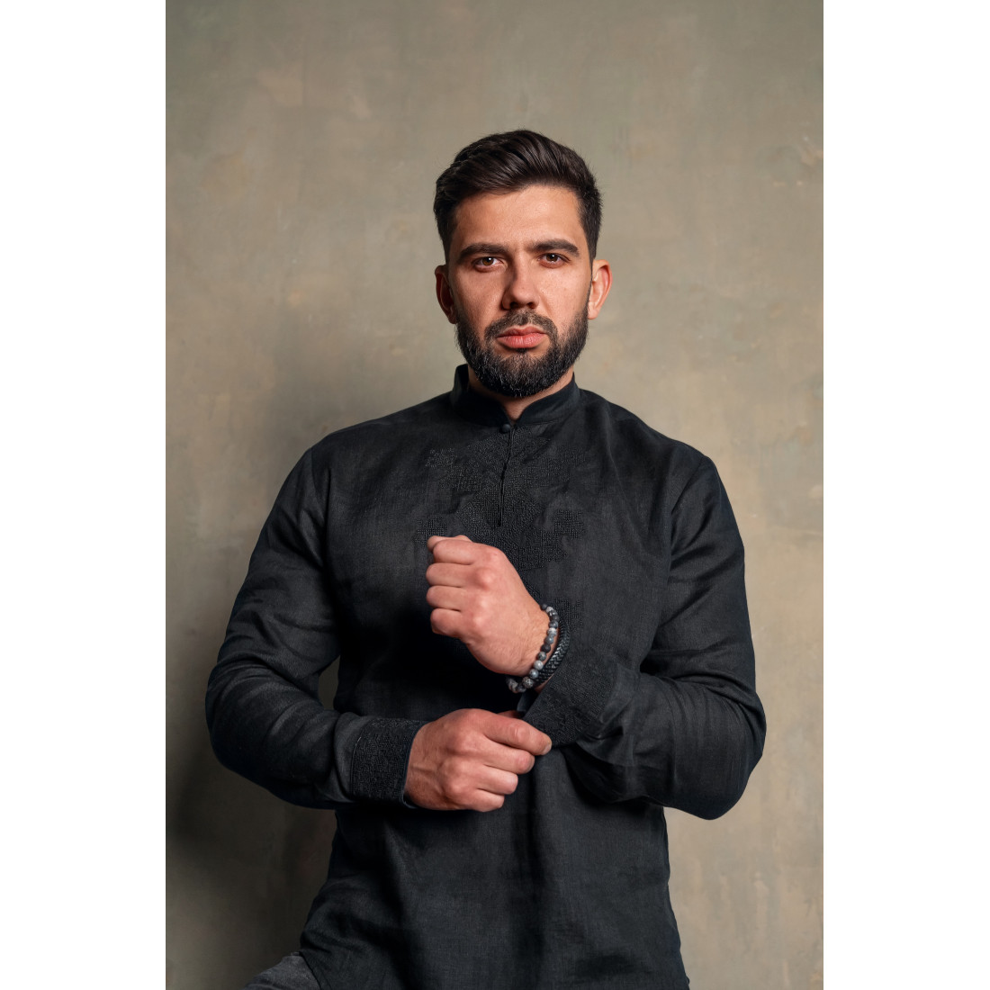 Embroidered Black Men’s Shirt with Stand Collar