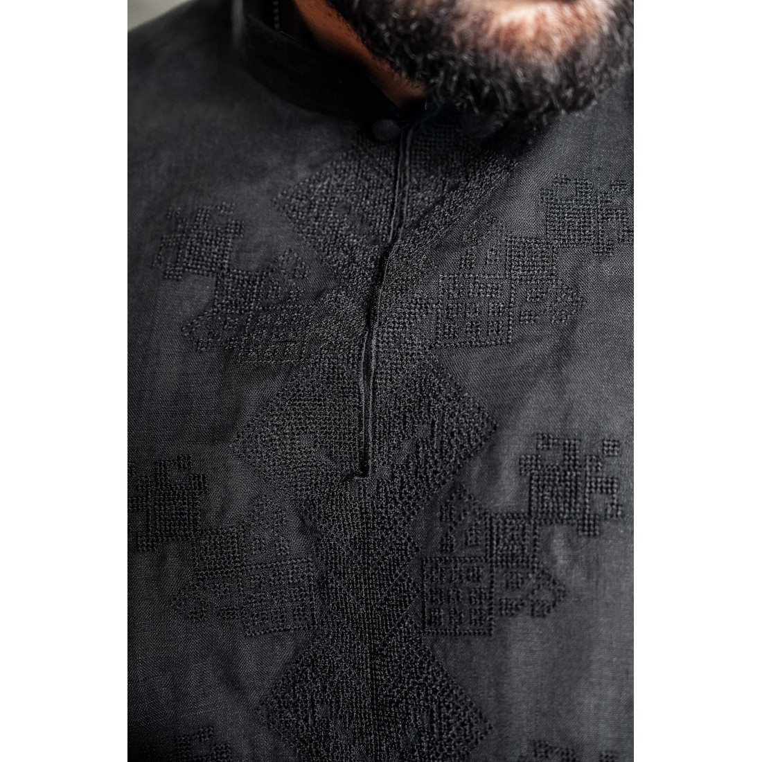 Embroidered Black Men’s Shirt with Stand Collar