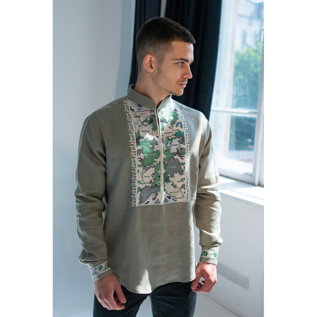 Khaki Men’s Shirt with Embroidery