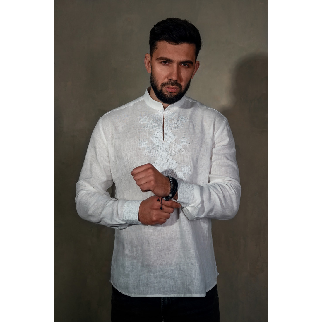 Embroidered White Men’s Shirt with Stand Collar