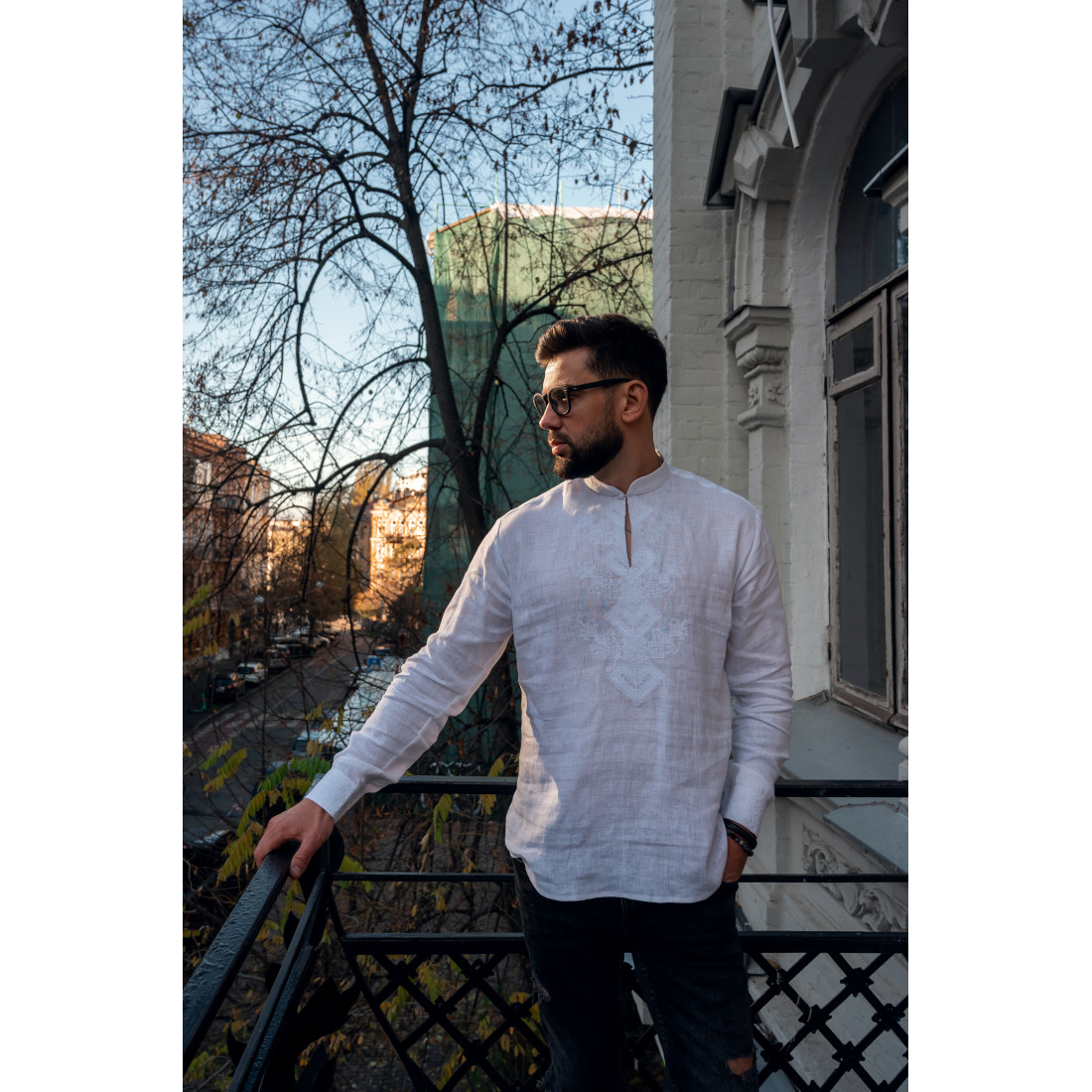 Embroidered White Men’s Shirt with Stand Collar