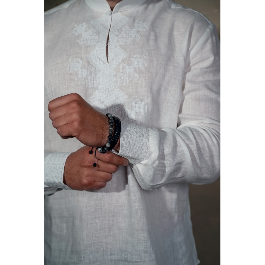 Embroidered White Men’s Shirt with Stand Collar