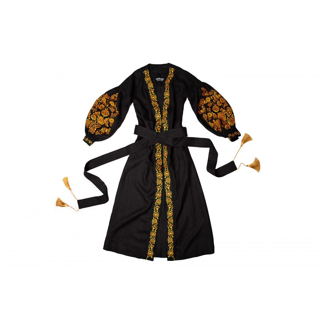 Black Kimono Dress "The tree of Life" with Embroidery