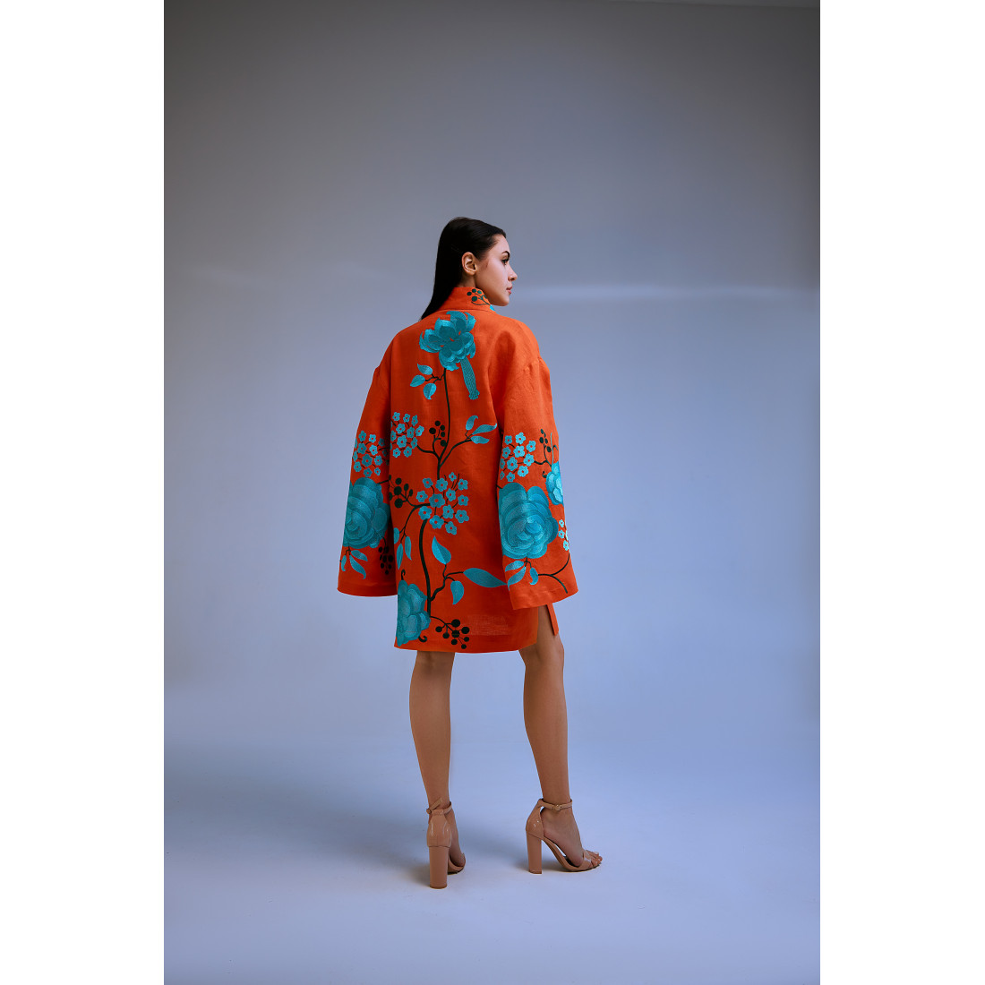 Short kimono dress "Sandra" - Orange/Blue