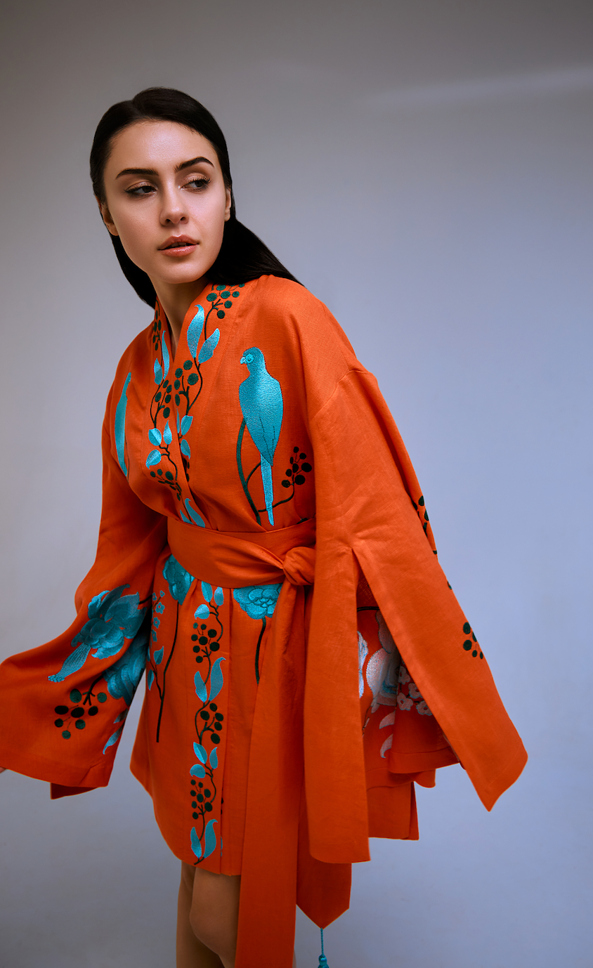 Short kimono dress "Sandra" - Orange/Blue