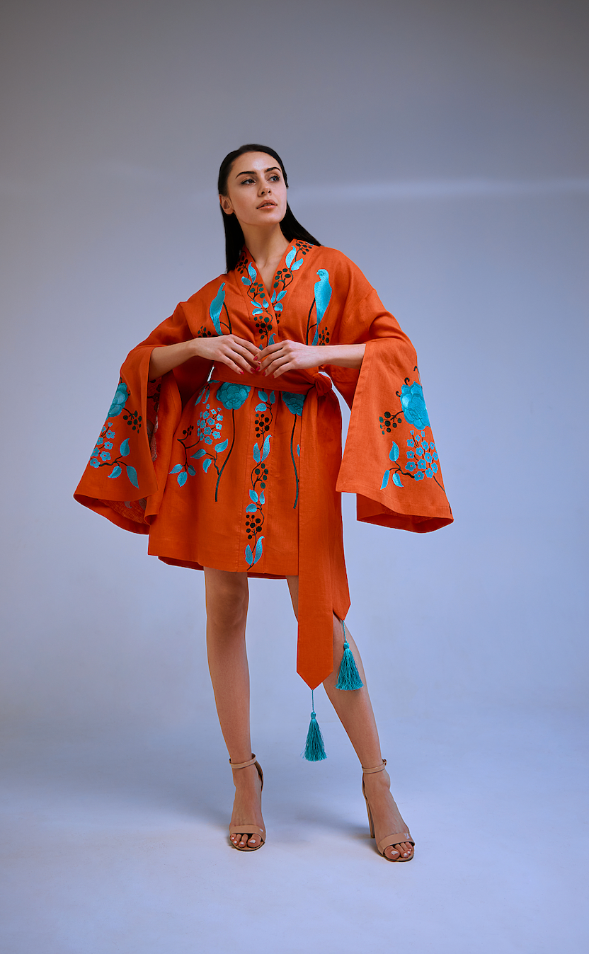 Short kimono dress "Sandra" - Orange/Blue