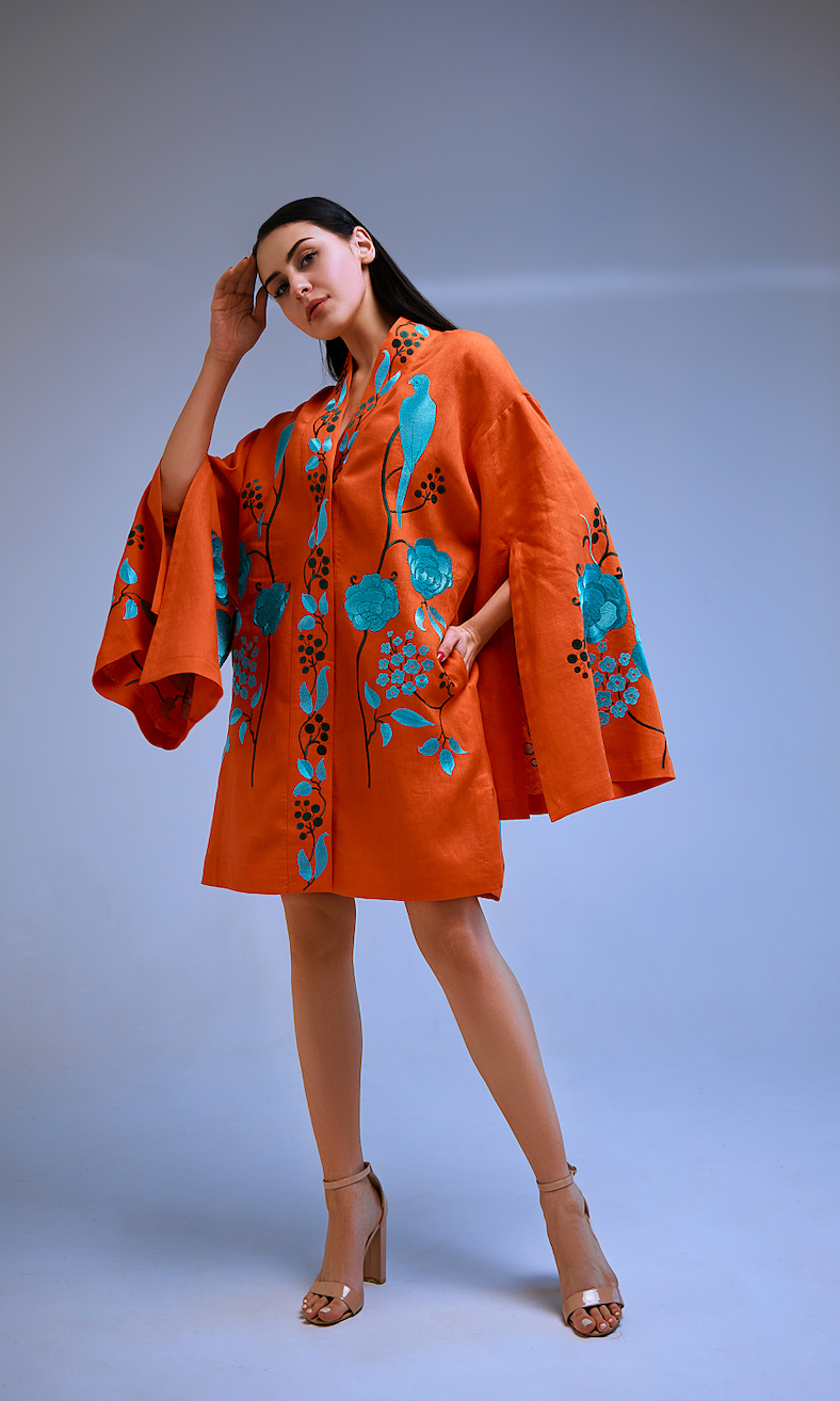 Short kimono dress "Sandra" - Orange/Blue