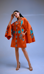 Short kimono dress "Sandra" - Orange/Blue